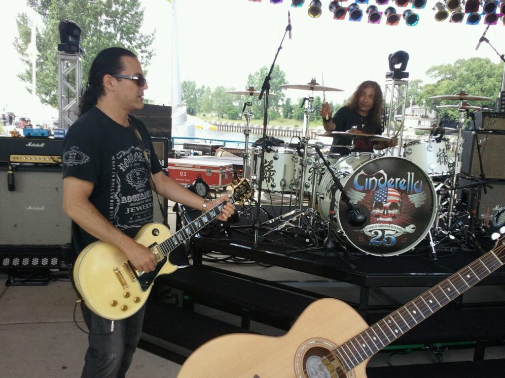 During soundcheck on the Cinderella 25th anniversary tour, we decided to switch instruments, and jam a little AC/DC. That’s (Drummer) Fred Coury on guitar, and Gary Corbett playing the drums.